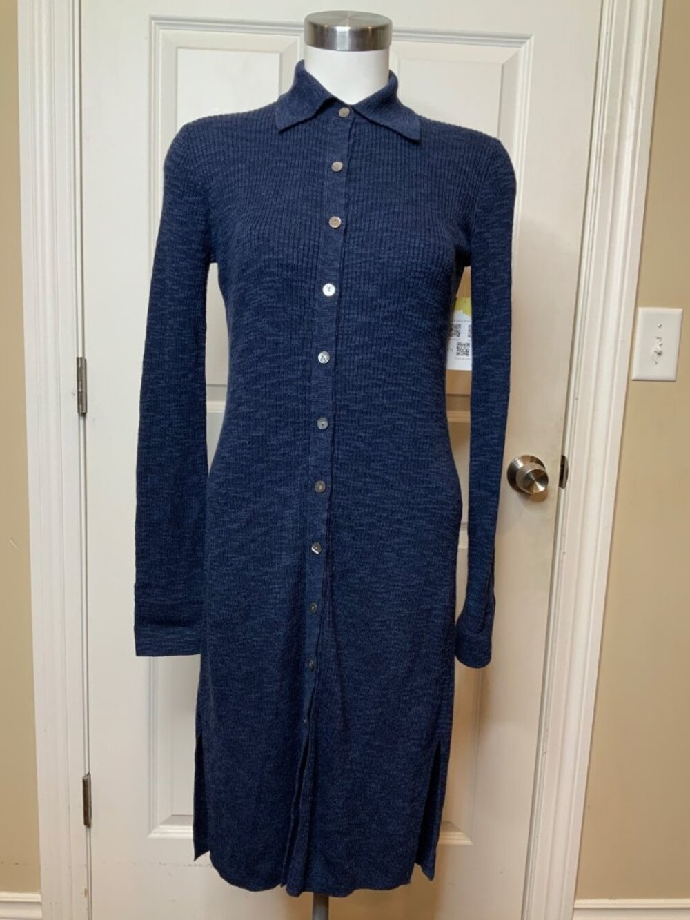 Theory Navy Blue Rib Knit Long Sleeve Collared Shirt Dress, Size PS